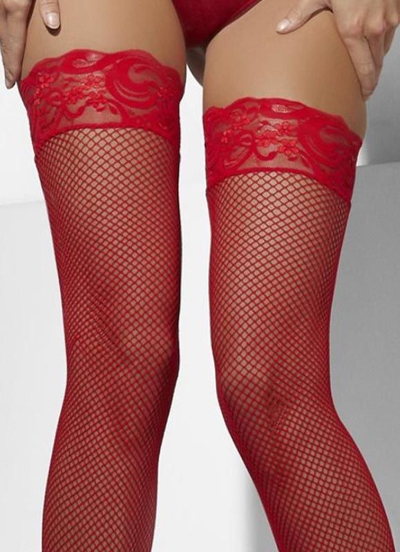 Red Fishnet Stockings Hold-Ups - Dress Size 6-14